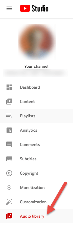 YouTube Studio menu on left side with arrow pointing to the Audio Library at the bottom.